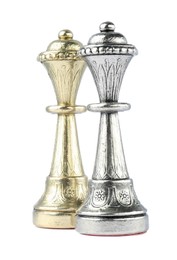Silver and golden queens on white background. Chess pieces
