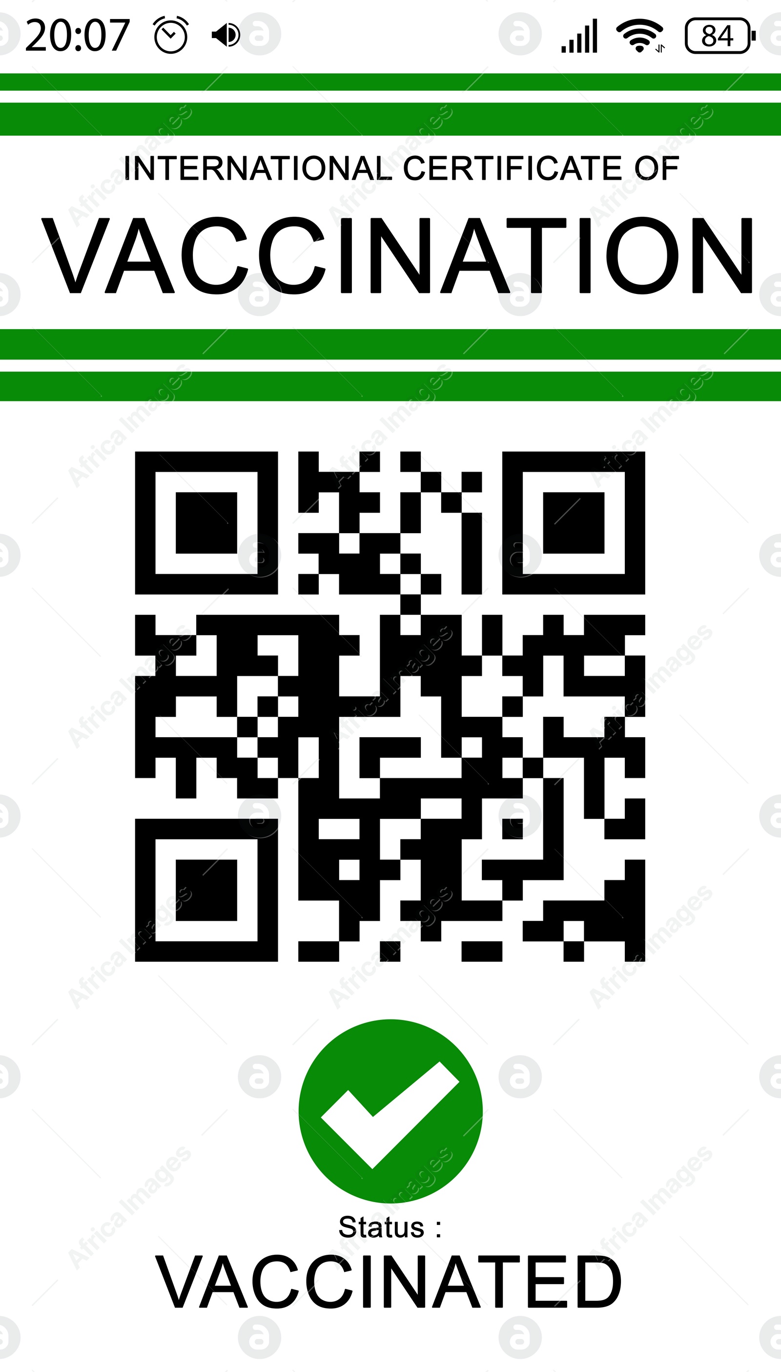 Illustration of International certificate of vaccination with QR code, illustration