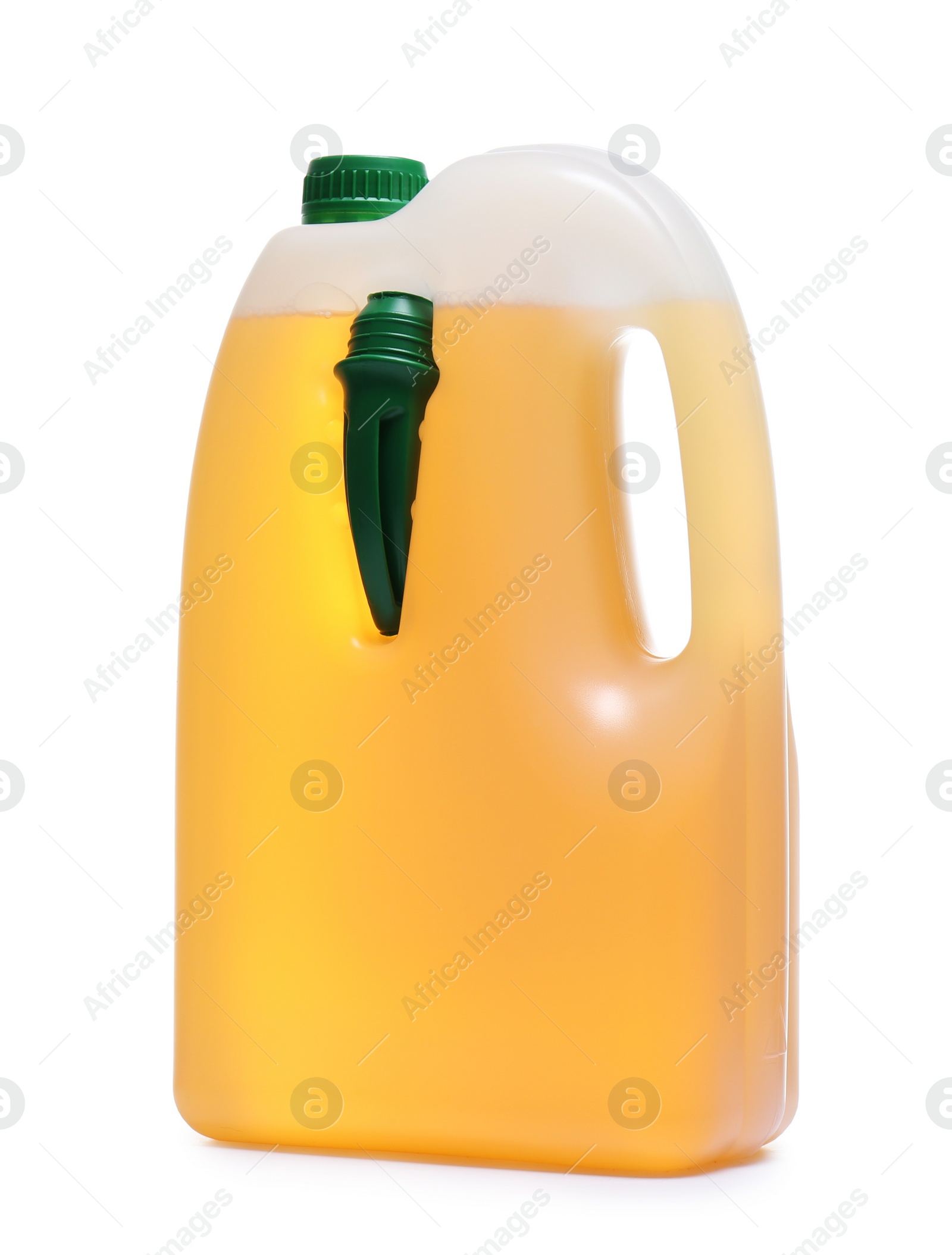 Photo of Plastic canister with liquid for car on white background