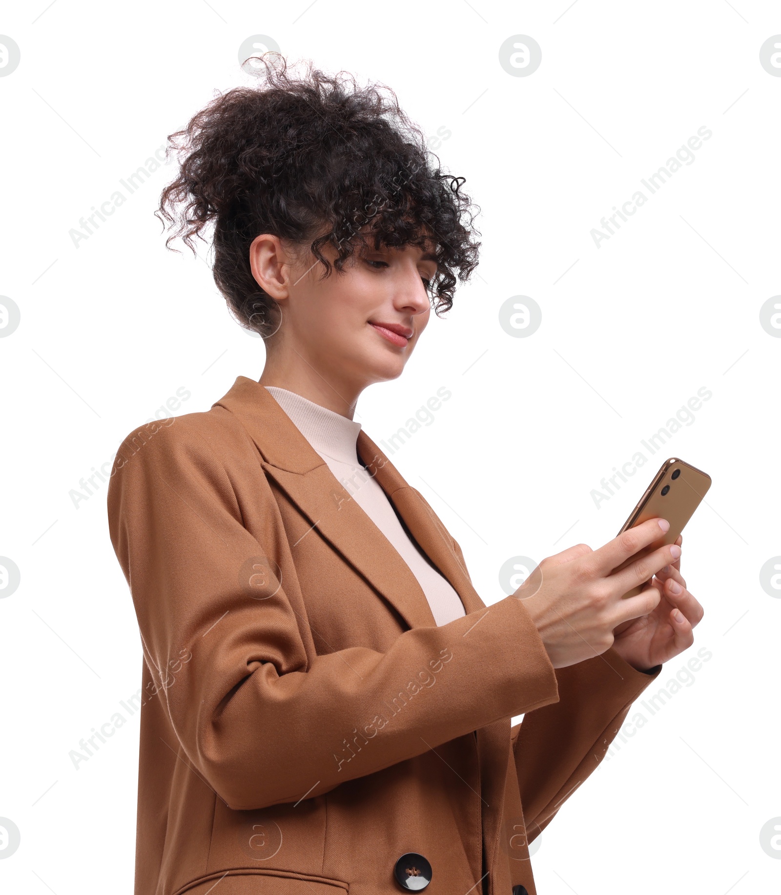 Photo of Beautiful businesswoman using smartphone on white background