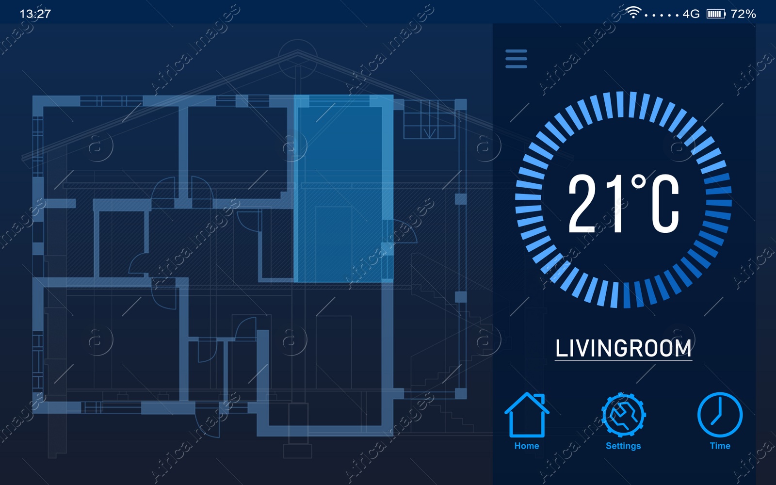 Illustration of Heating control system. Application displaying temperature and house plan