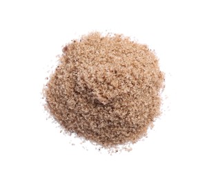 Heap of brown salt on white background, top view
