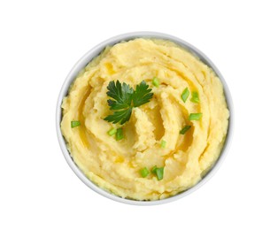 Photo of Bowl of tasty mashed potatoes with parsley and green onion isolated on white, top view