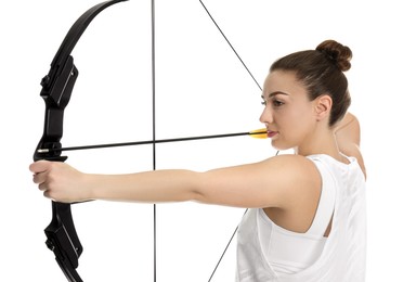 Photo of Woman with bow and arrow practicing archery on white background