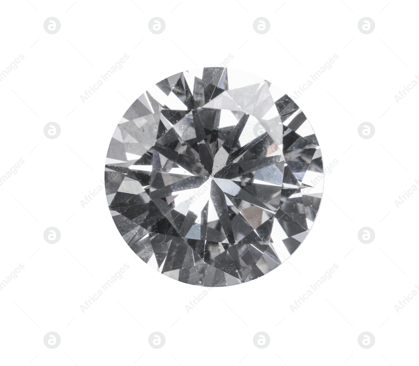 Photo of One beautiful shiny diamond isolated on white, top view