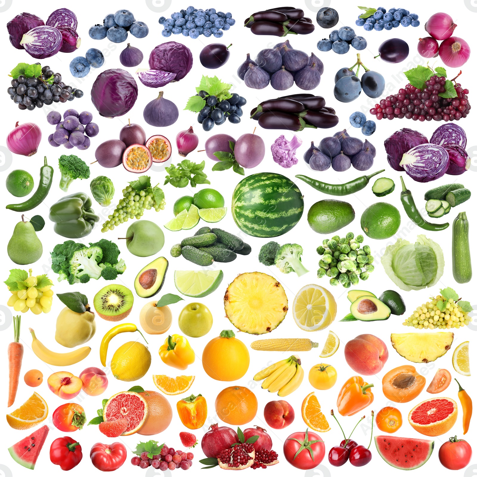 Image of Many fresh fruits and vegetables arranged in rainbow colors on white background, collage