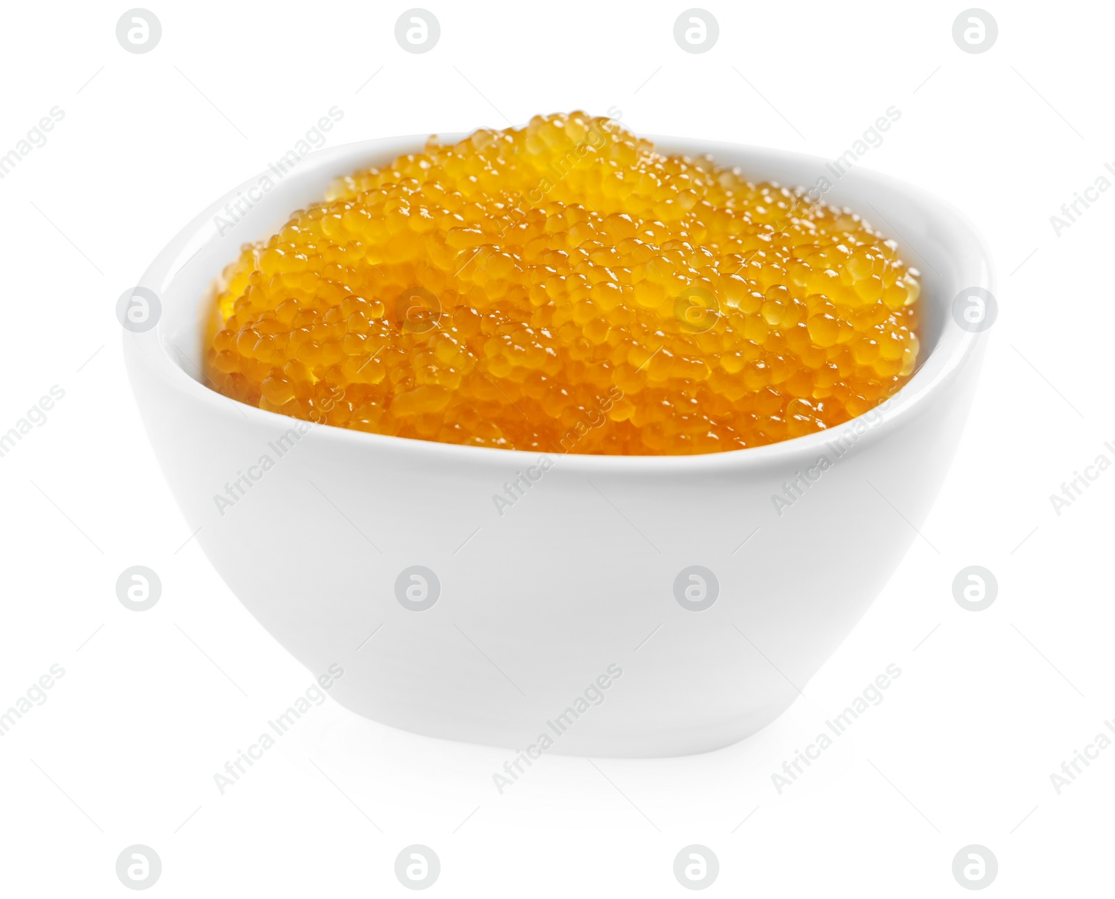 Photo of Fresh pike caviar in bowl isolated on white