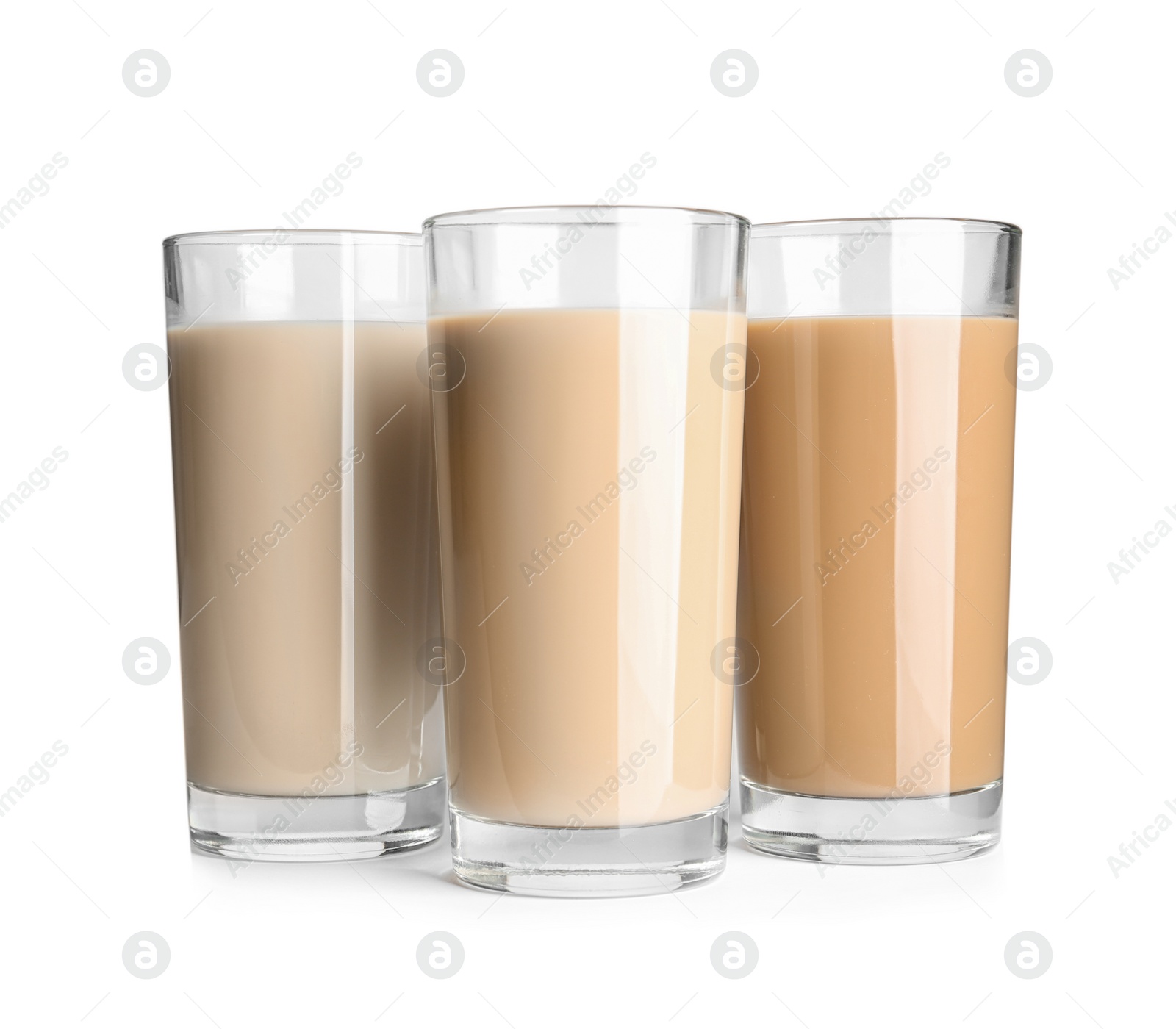 Photo of Glasses with protein shakes on white background