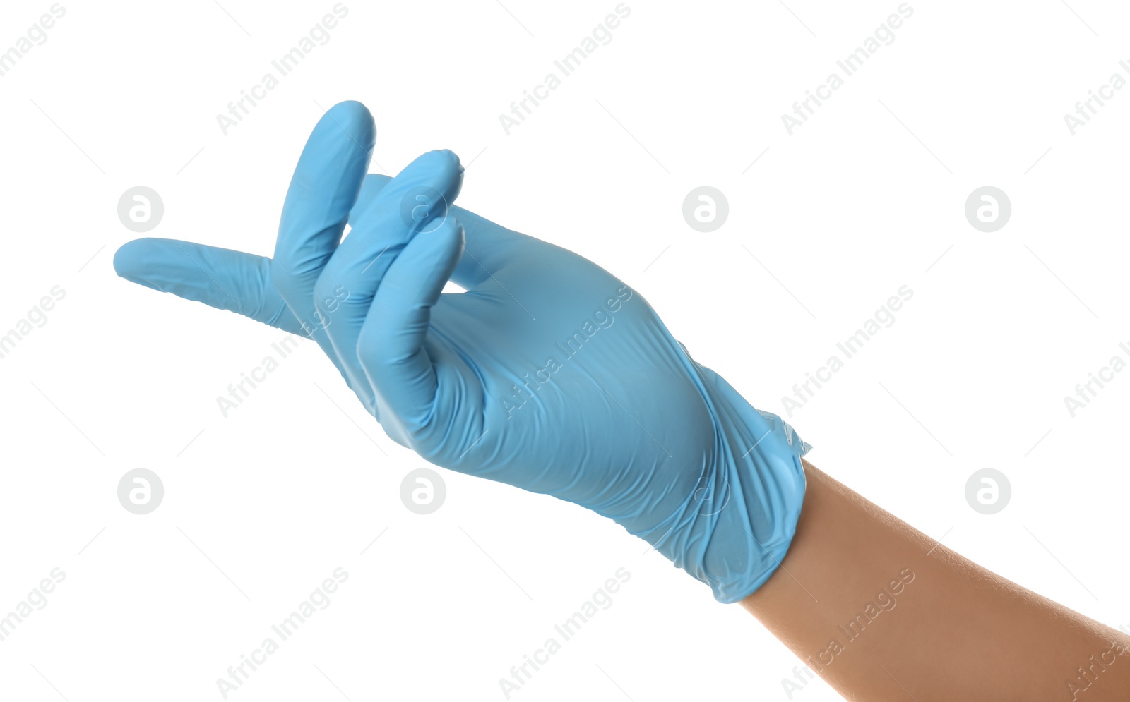 Photo of Person in blue latex gloves pointing at something against white background, closeup on hand