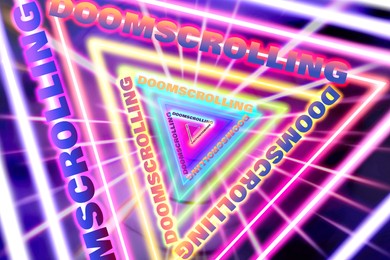 Illustration of Doomscrolling concept. Words in neon geometric pattern on dark background