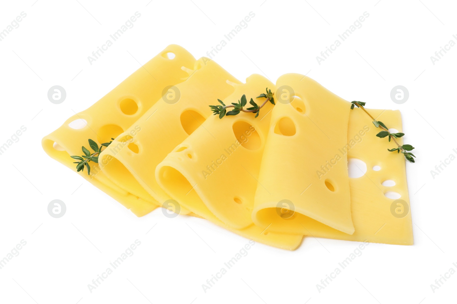 Photo of Slices of tasty fresh cheese and thyme isolated on white