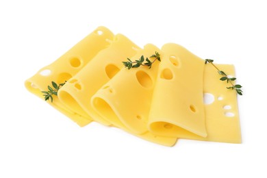 Slices of tasty fresh cheese and thyme isolated on white