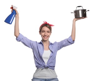 Photo of Young housewife with pot and detergent on white background