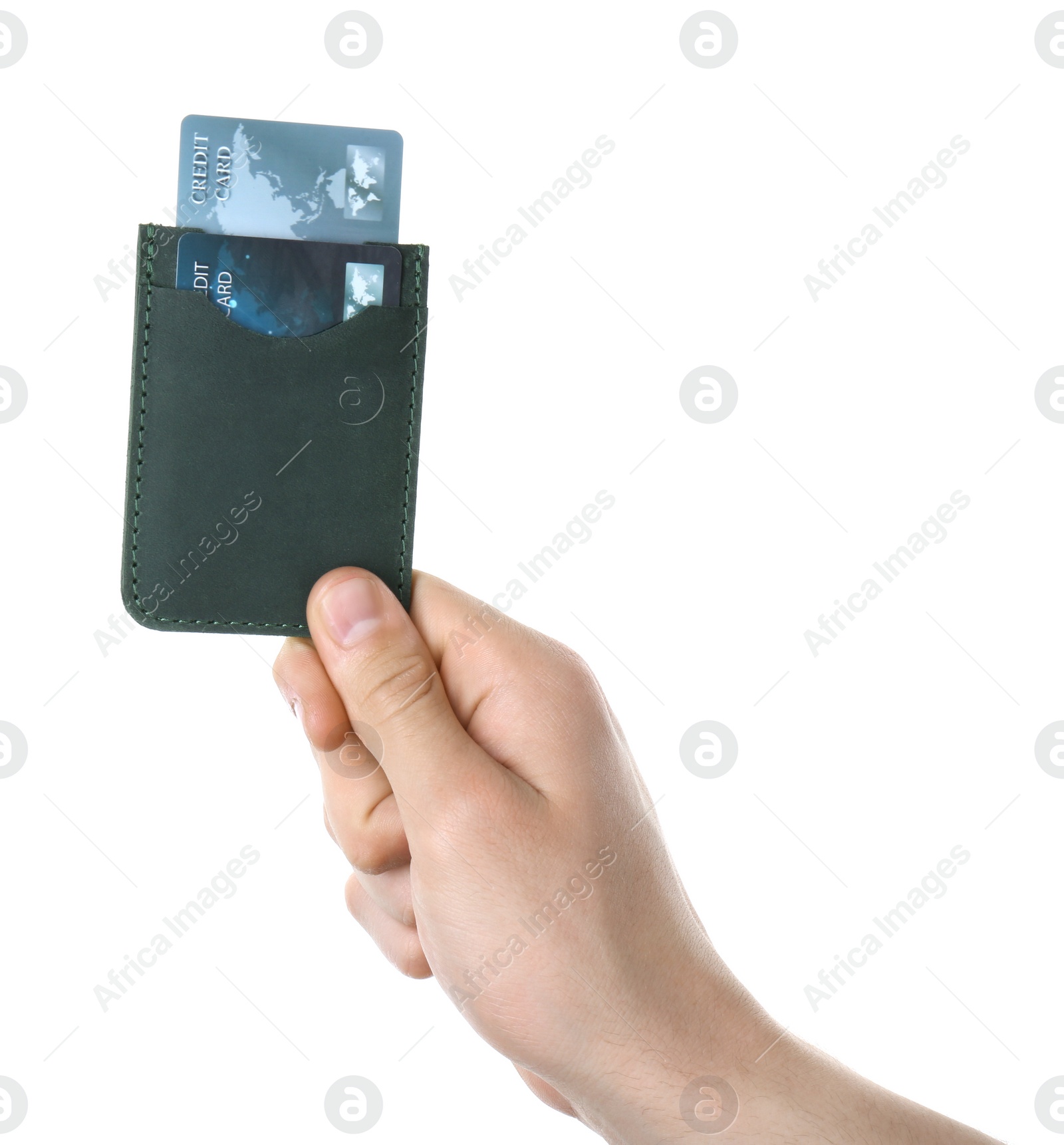 Photo of Man holding leather card holder with credit cards on white background, closeup