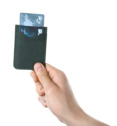 Photo of Man holding leather card holder with credit cards on white background, closeup