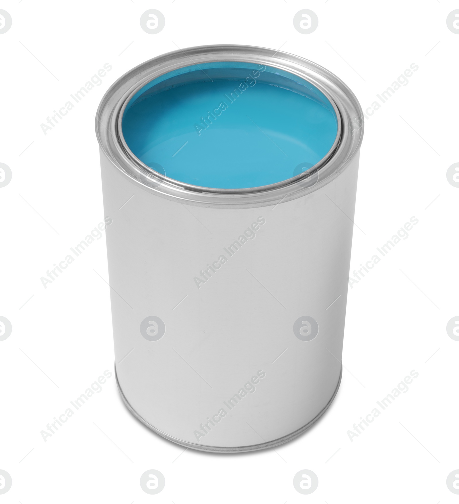 Photo of Can with light blue paint on white background
