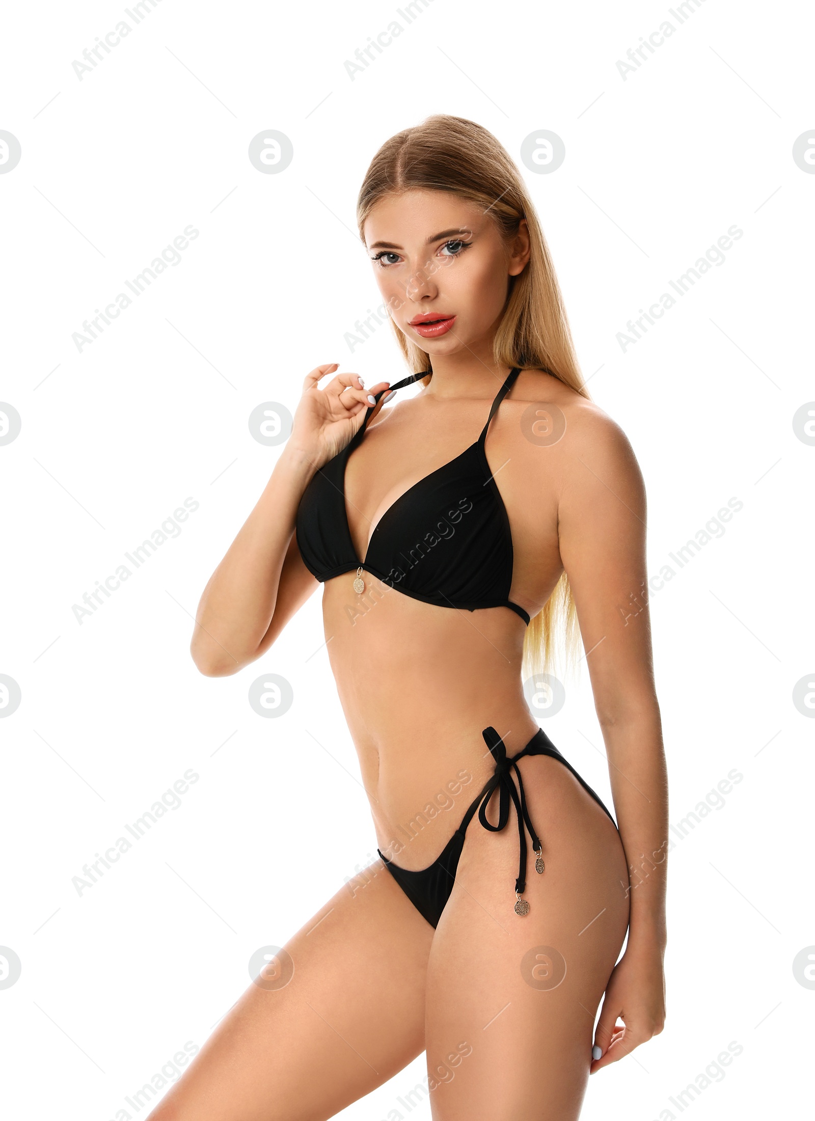 Photo of Pretty young woman wearing stylish bikini on white background