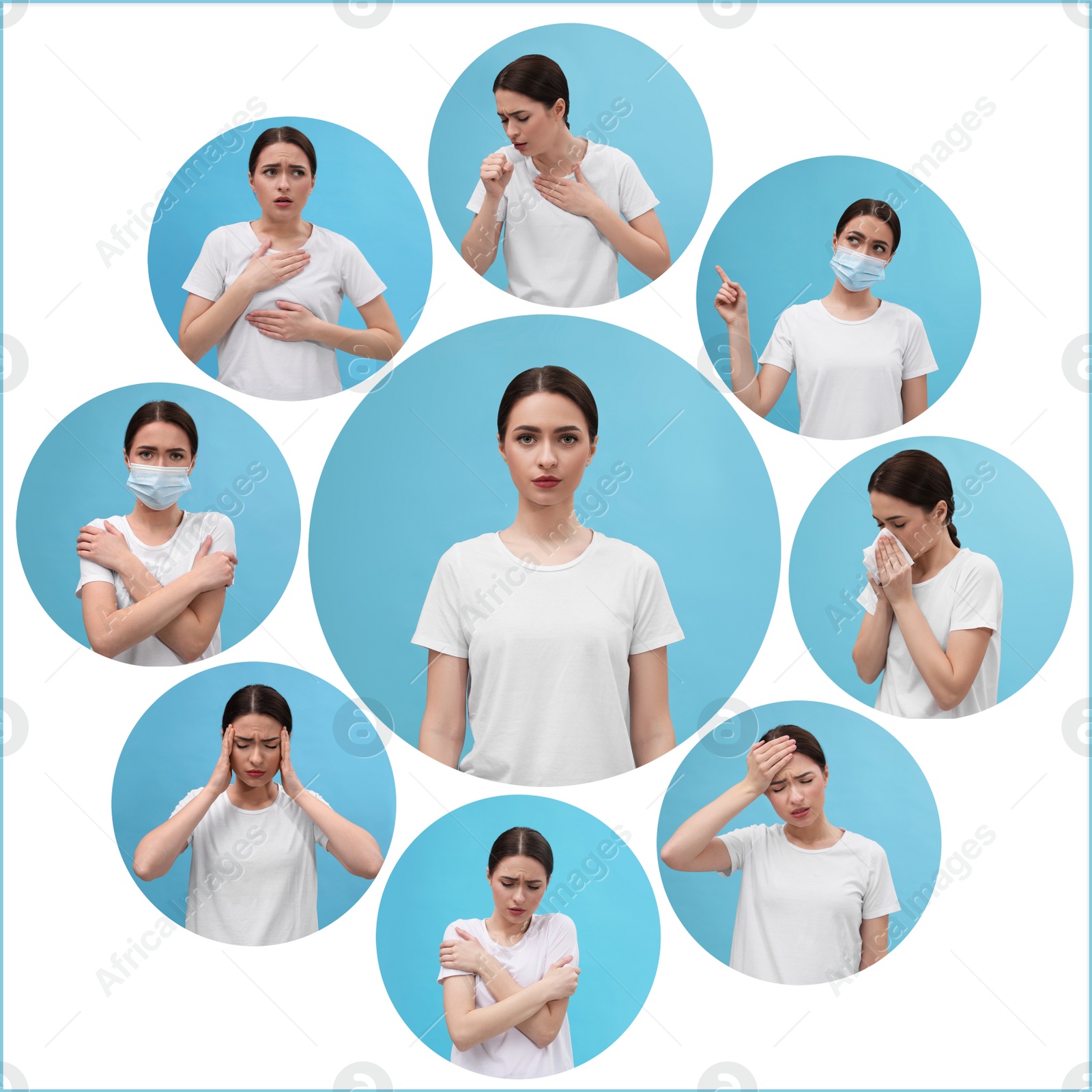 Image of Collage with photos of woman with cold symptoms on white background