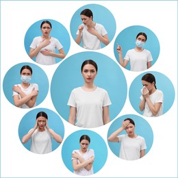 Collage with photos of woman with cold symptoms on white background