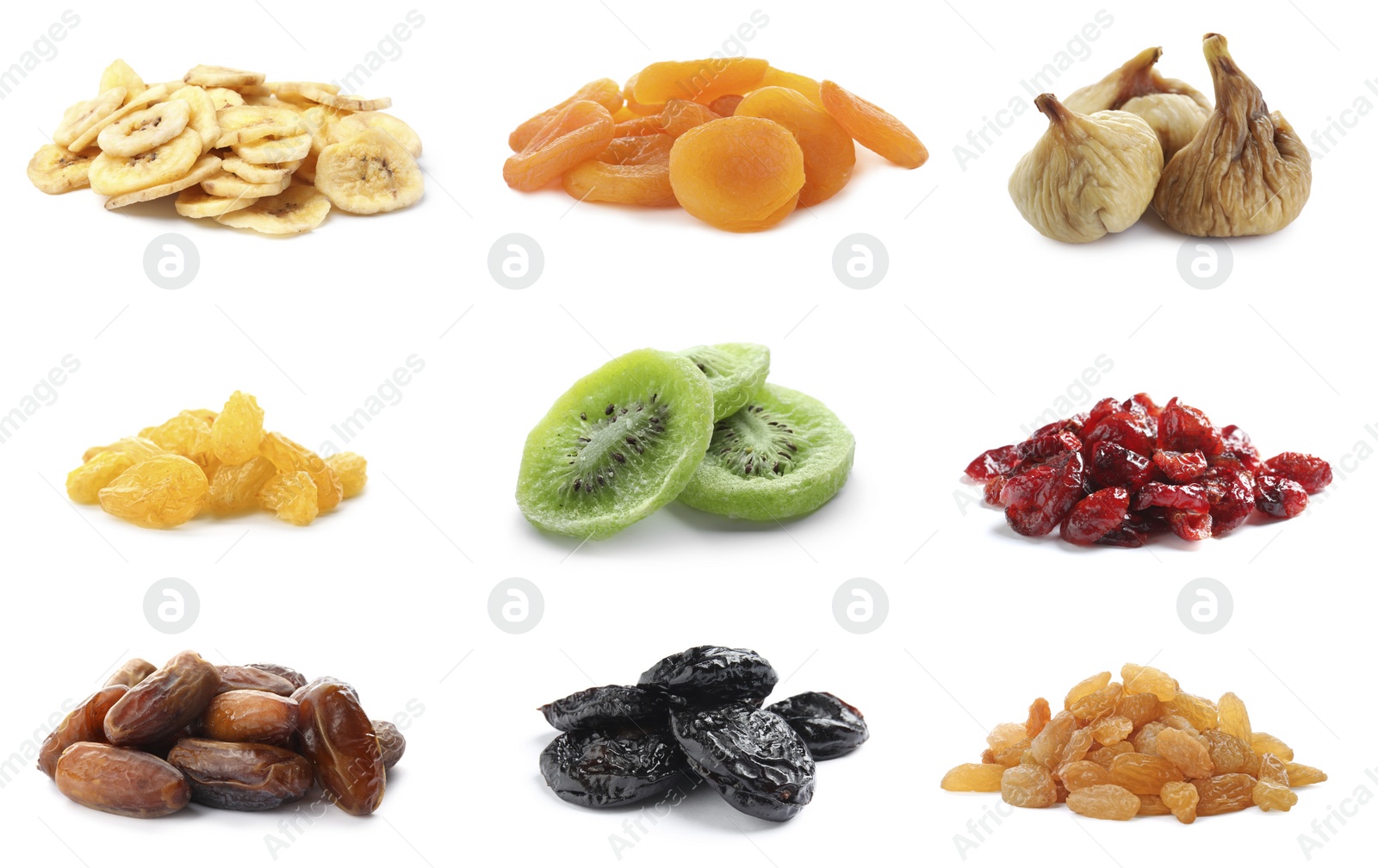 Image of Set of different dry fruits on white background