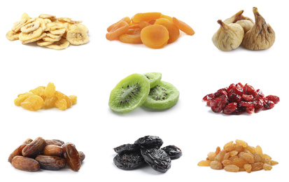 Image of Set of different dry fruits on white background
