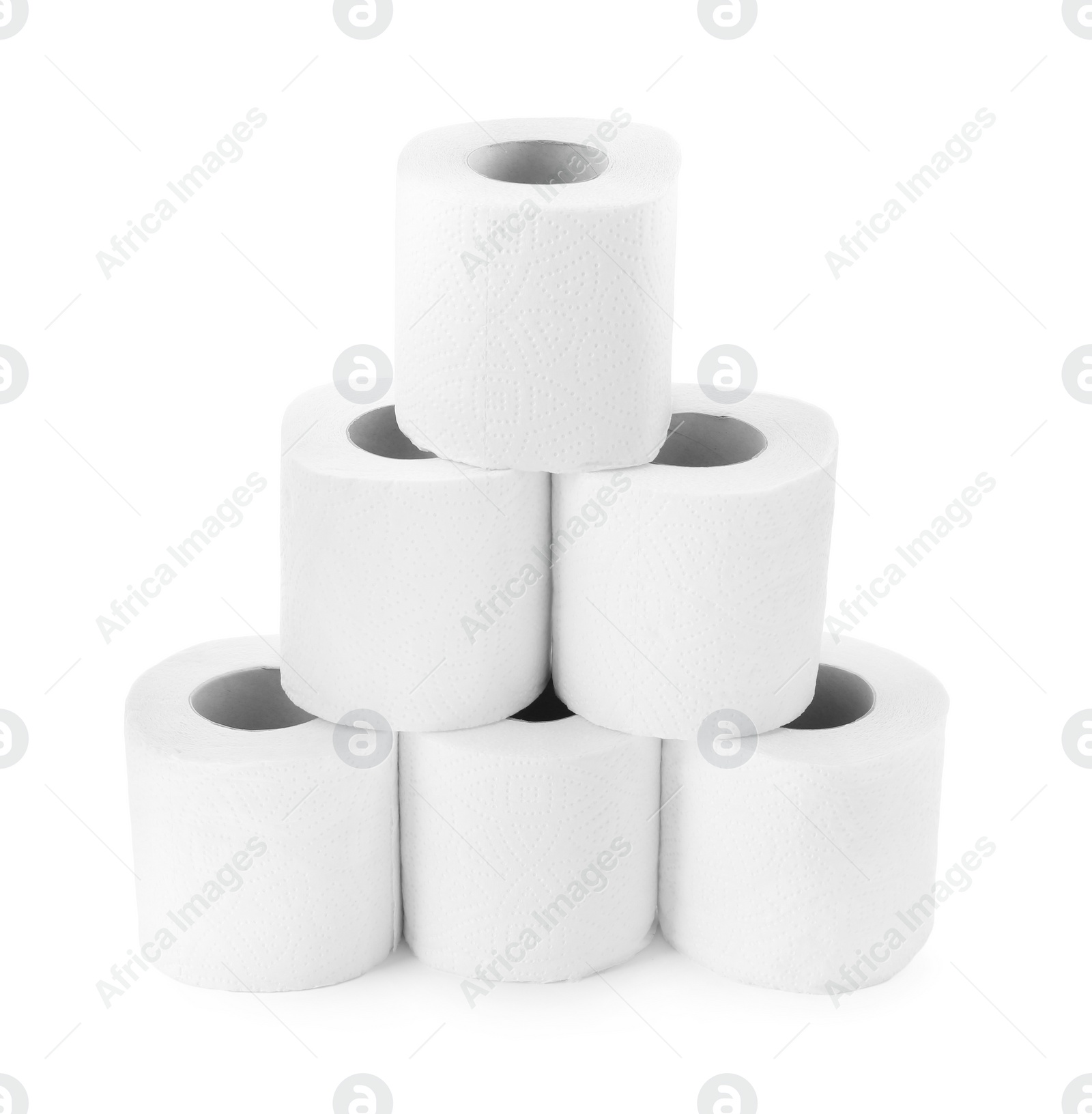 Photo of Pyramid of toilet paper rolls isolated on white