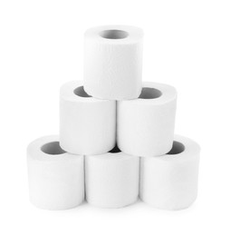 Photo of Pyramid of toilet paper rolls isolated on white