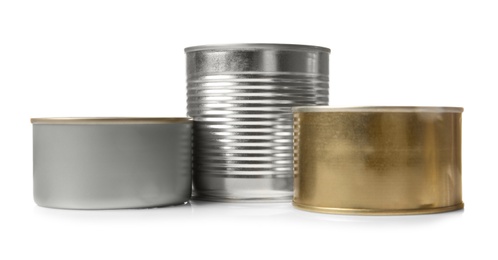 Closed tin cans isolated on white, mockup for design