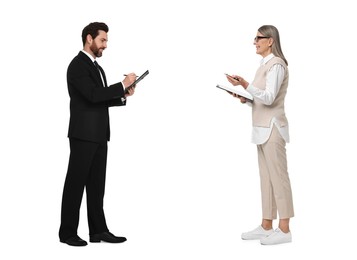 Image of Two business people talking on white background. Dialogue