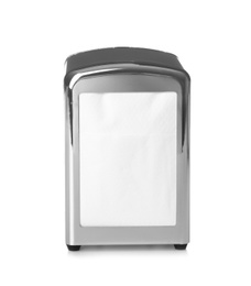 Photo of Metal holder with paper napkins on white background