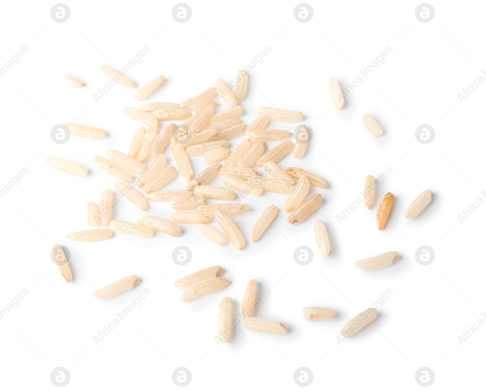 Photo of Uncooked brown rice on white background, top view