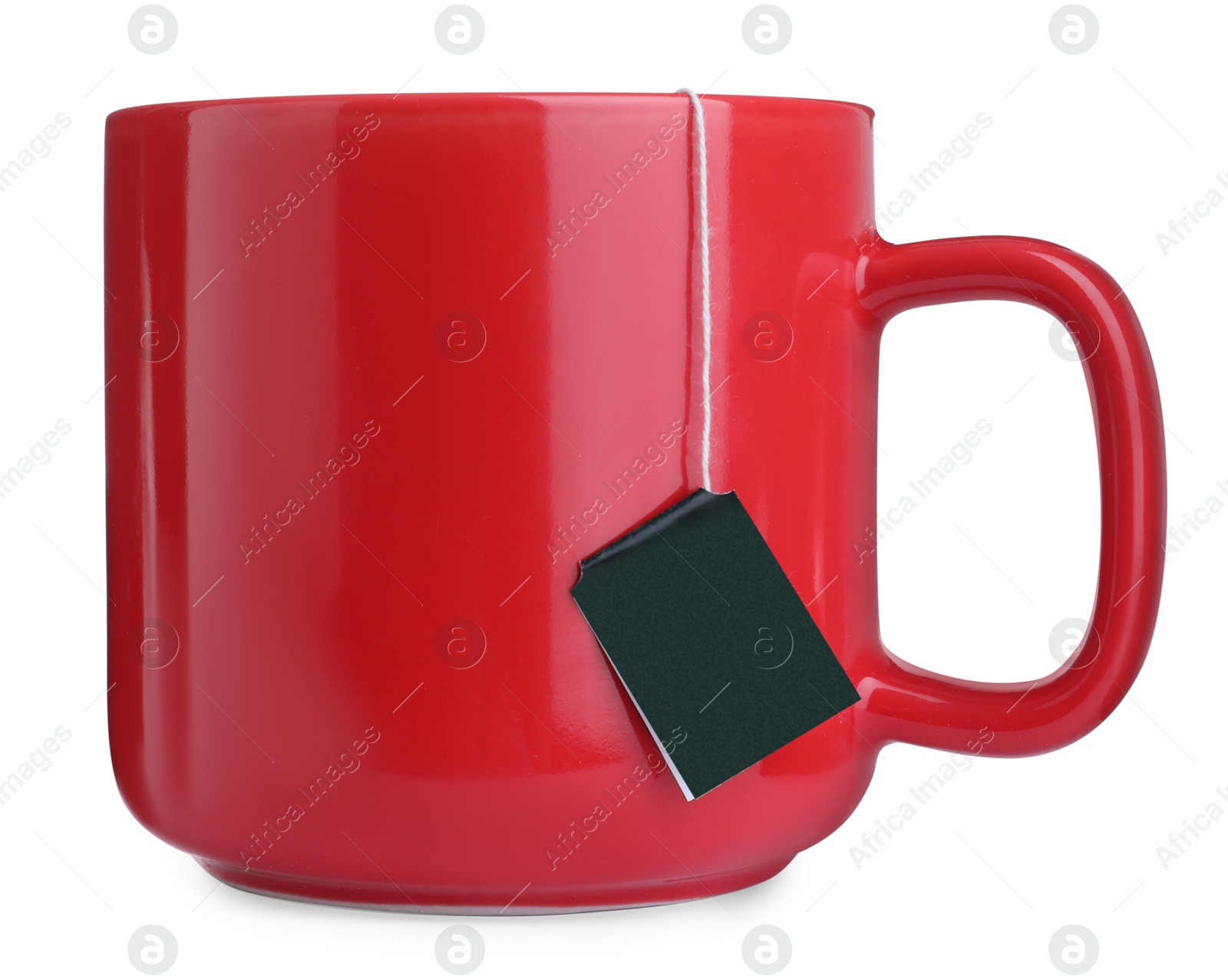 Photo of Red cup with teabag isolated on white