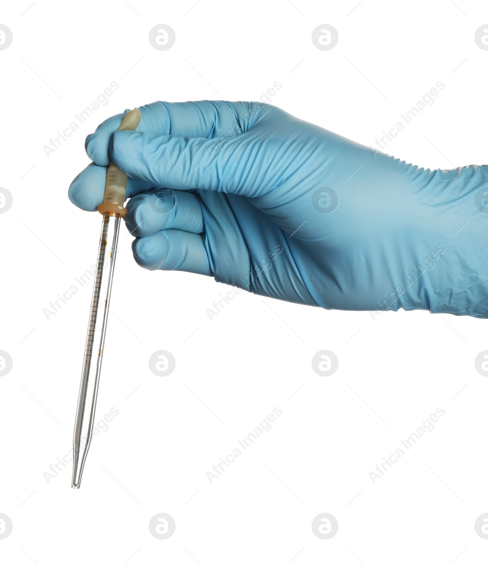 Photo of Scientist with pipette on white background, closeup