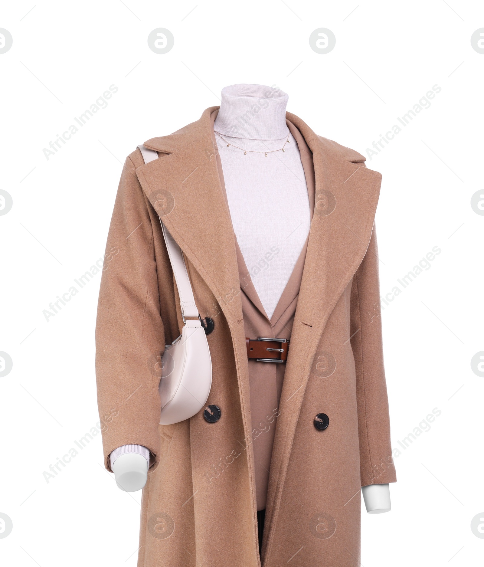 Photo of Female mannequin dressed in jacket, turtleneck and trench coat with accessories isolated on white. Stylish outfit