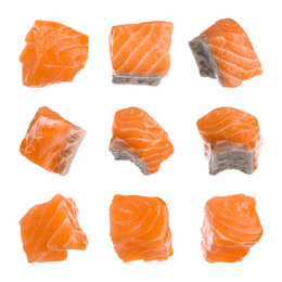 Set with pieces of fresh raw salmon on white background. Fish delicacy