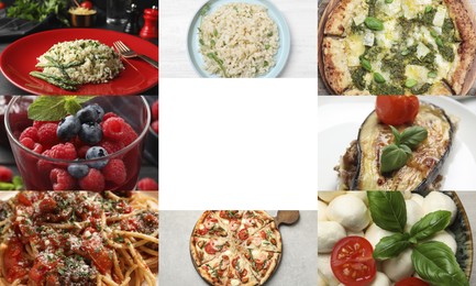 Image of Different tasty Italian dishes. Collage with pasta, risotto, pizza and others, space for text