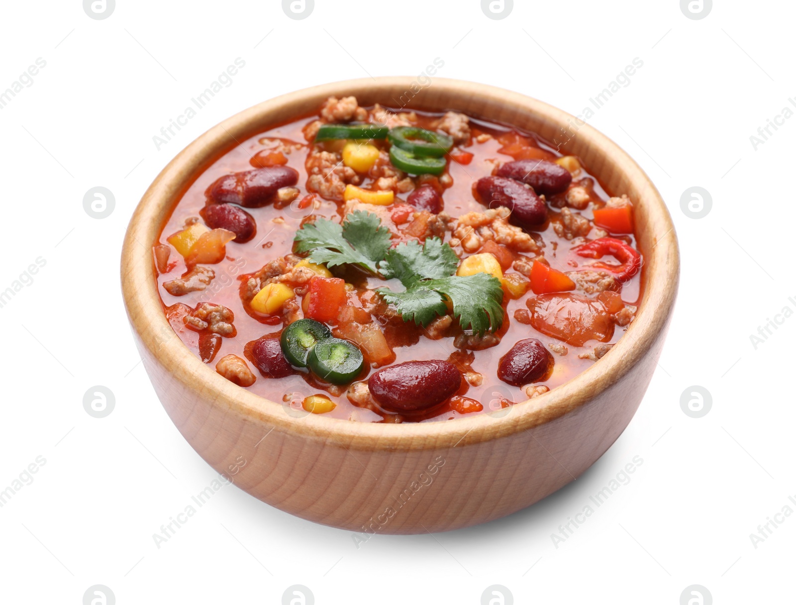 Photo of Bowl with tasty chili con carne on white background