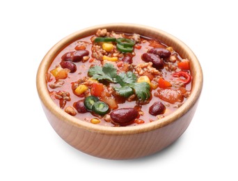 Photo of Bowl with tasty chili con carne on white background