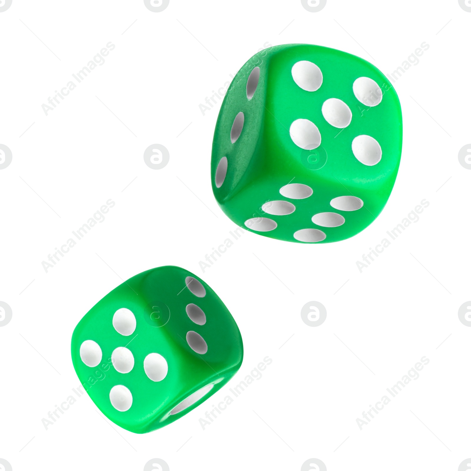 Image of Two green dice in air on white background