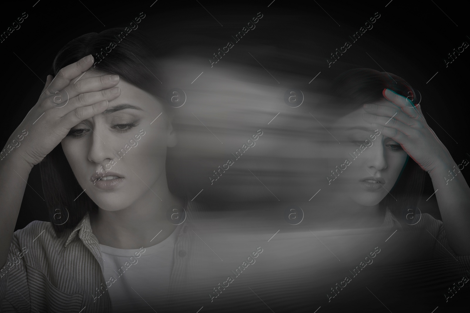 Image of Woman suffering from mental illness on black background. Dissociative identity disorder