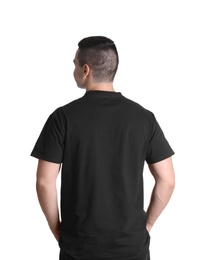 Young man in black t-shirt on white background. Mockup for design