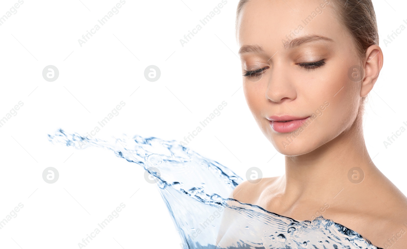 Image of Beautiful woman with perfect skin and splash of clear water on white background, banner design
