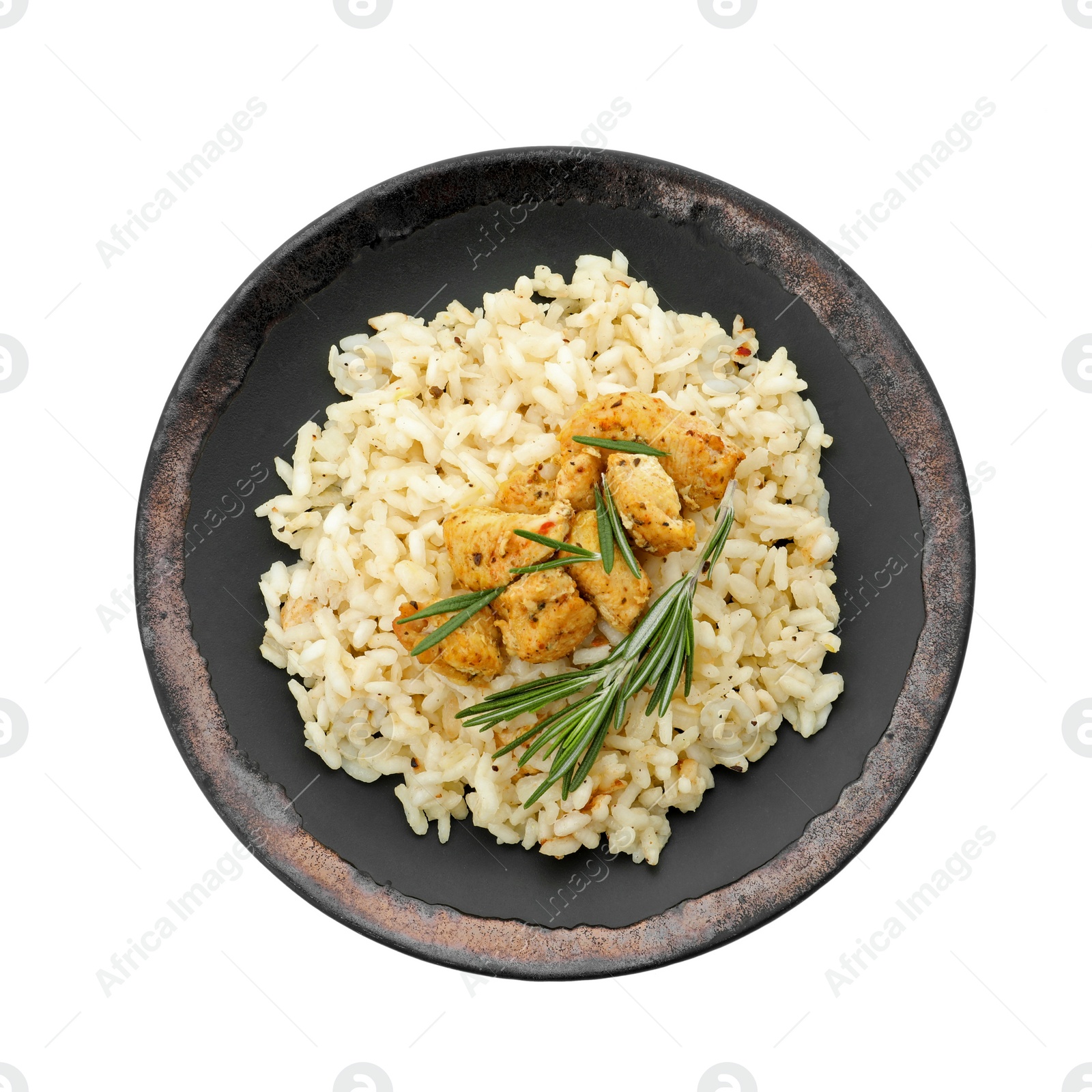Photo of Delicious risotto with chicken isolated on white, top view