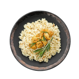 Photo of Delicious risotto with chicken isolated on white, top view