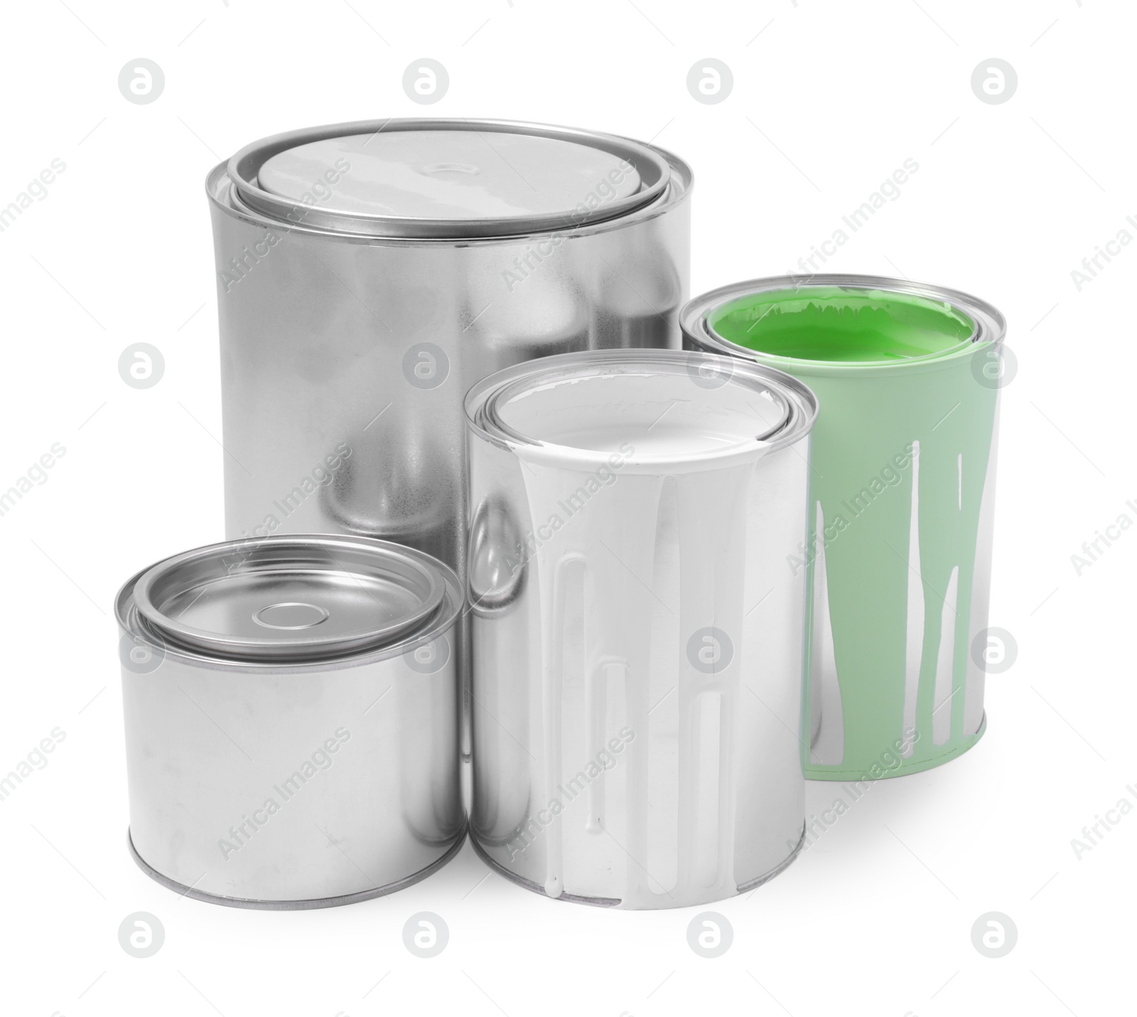 Photo of Cans of different paints isolated on white