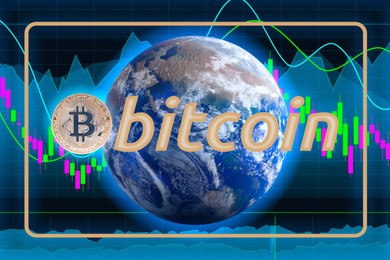 Cryptocurrency trading. Bitcoin, word, planet and graphs