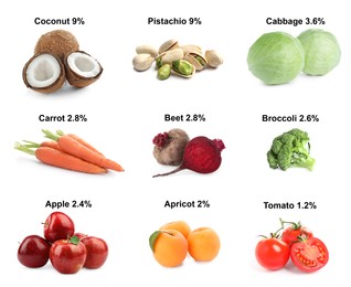 Image of Set with different products rich in fiber on white background