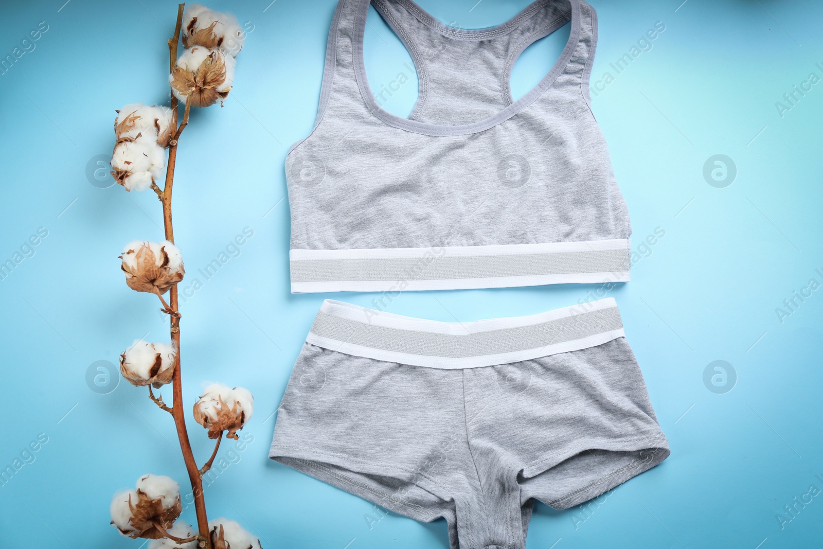 Photo of Sports women's underwear and cotton flowers on light blue background, flat lay