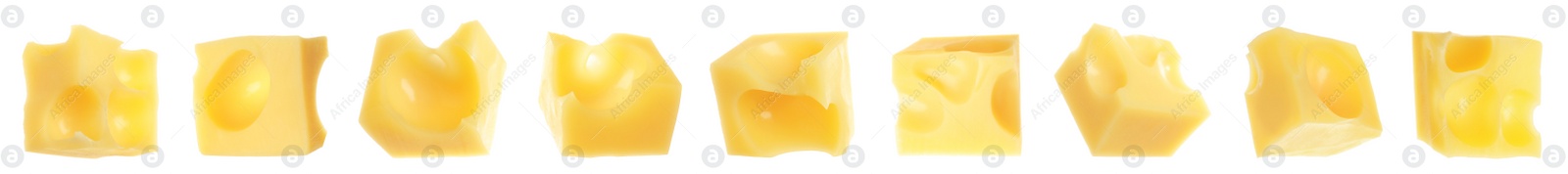 Image of Pieces of delicious cheese on white background, collage. Banner design