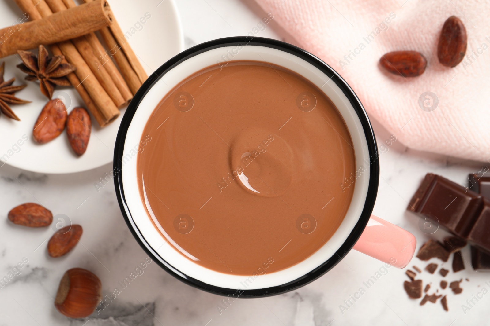 Photo of Flat lay composition with yummy hot chocolate on white marble table